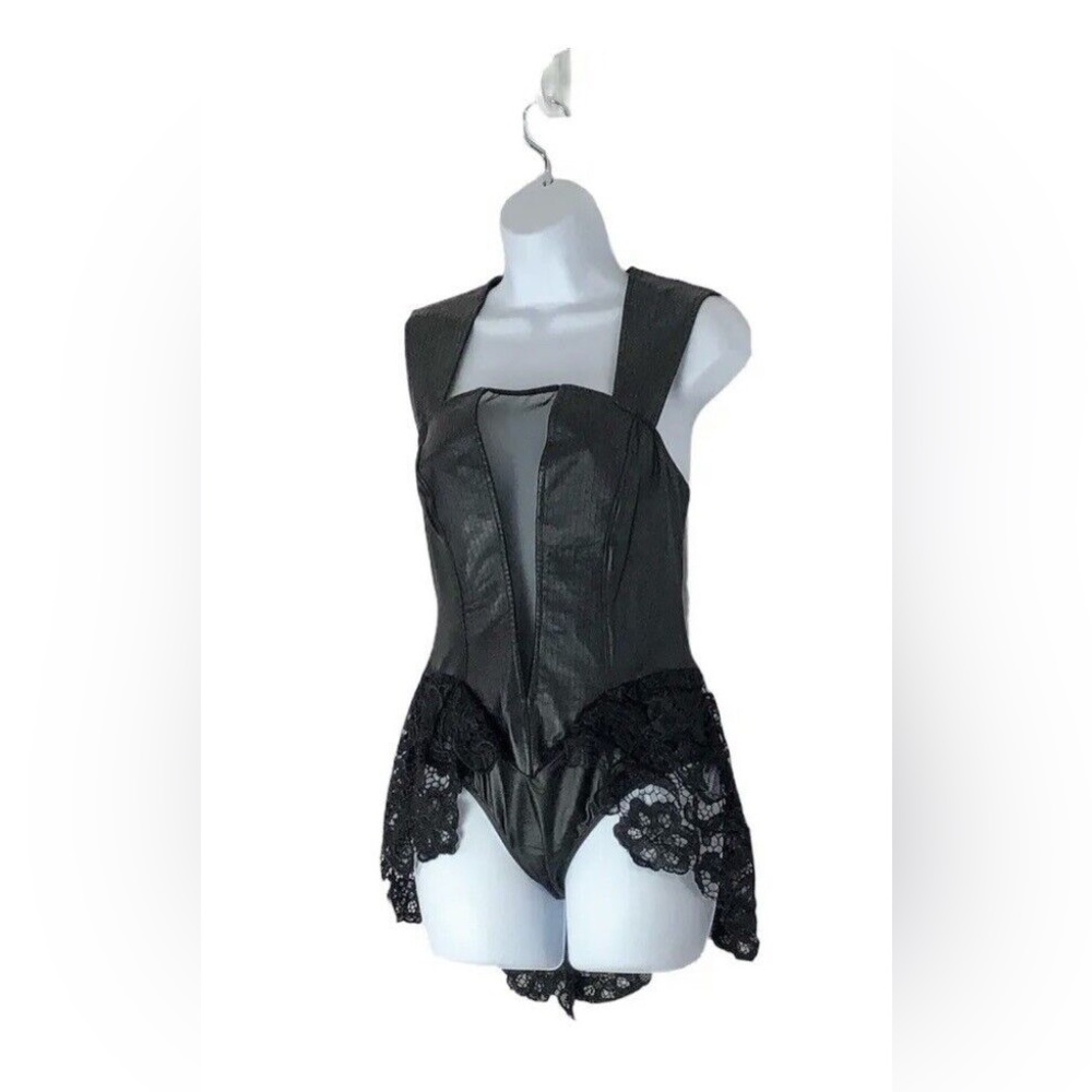 Spirit Halloween Women Black Faux Leather Lace Corset One Piece Bodysuit